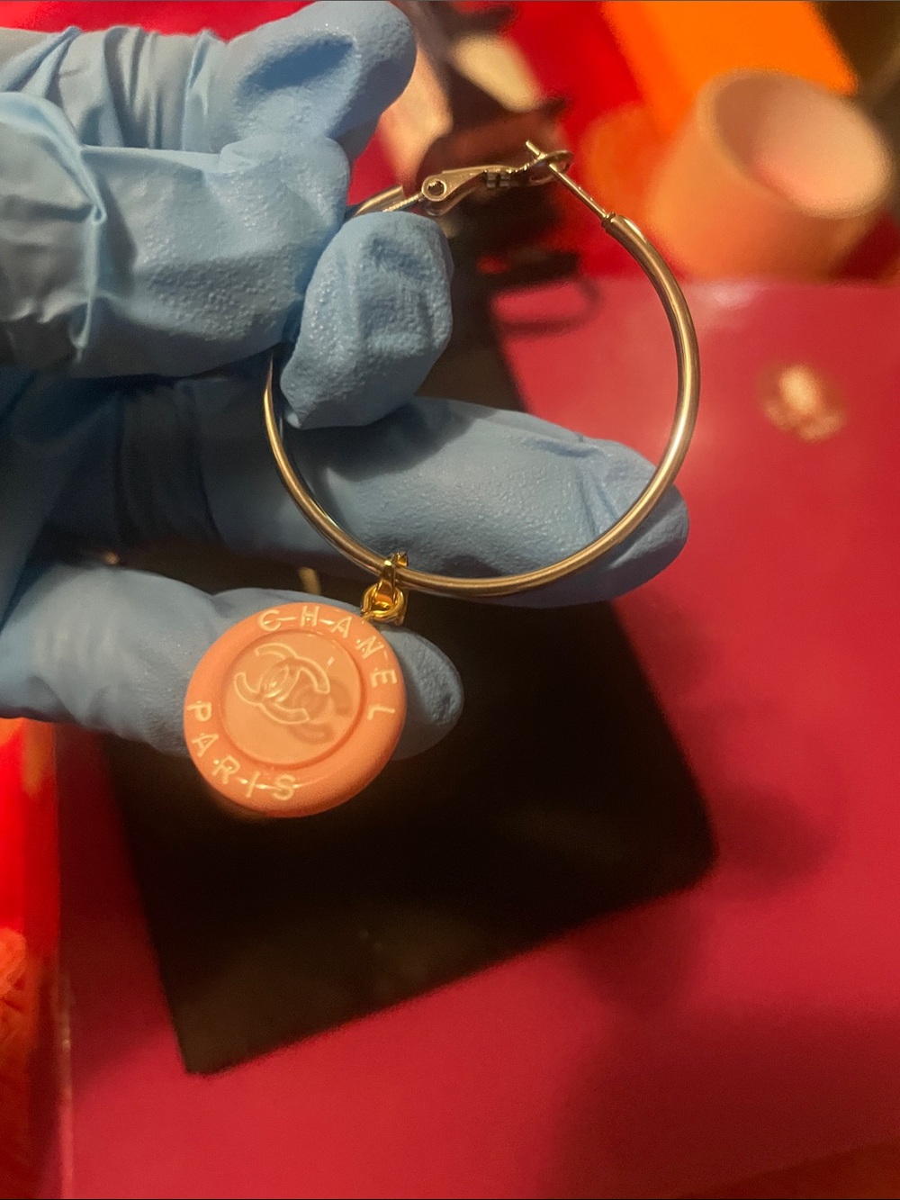 CHANEL upcycled Pink and Gold Hoop Earrings with Logo Disc - Picture 12 of 17